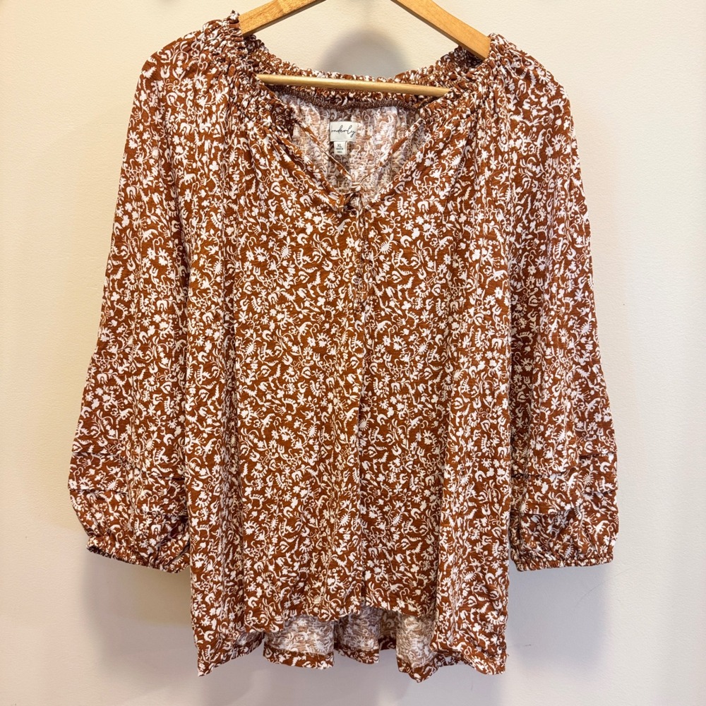 Wonderly Womens XL Rust Brown Floral Paisley Peasant Blouse Tie Neck 3/4 Sleeve